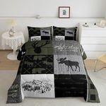 Hunting Rustic Lodge Down Comforter Full, Deer Bear Patchwork Bedding Set Retro Cabin Lodge Comforter Set For Kids Teens Adult Men, Camping Moose Elk Duvet Insert With 2 Pillow Cases, Grey Black