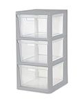 Sterilite 3 Drawer Storage Tower, Plastic Bin Drawers with Handles Organize Clothes in Closet, Easy Assembly, Gray with Clear Drawers, 1-Pack