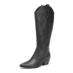 AMOJI Women Western Cowboy Boots Knee High Pointed Toe Cowgirl Boots With Zipper FZ307 Black Size 8