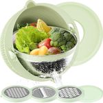 4-1 Colander with Mixing Bowl Set with Slicer, Double-Layer Rotatable Colander Mixing Bowl Set for Kitchen, Fruit Veggie Pasta Strainer for Apartment Home Essentials (Green)