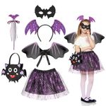 GSrenyu Bat Costume for Kids,6 Pcs Girls Bat Costume Set with Black Wings Tutu Skirt Bat Eyemask Headband Wand Candy Bag,Bat Fancy Dress Up for Kids Halloween Party World Book Day Costume