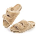 FITORY Womens Open Toe Fuzzy Slipper with Cozy Lining,Faux Rabbit Fur Cork house Sandals Khaki Size 10