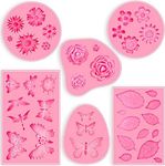 6 Pack Fondant Molds, Mini Flower Mold Butterfly Molds Leaf Mold, Rose Clay Molds Pink Polymer Clay Molds, Non-stick Silicone Molds for Cake Decorating - Butterfly/Rose/Leaves