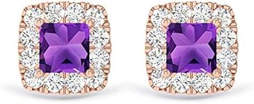 INSPEREZA NEW YORK Princess Cut Amethyst and Round Diamond Halo Stud Earrings in 10 Carat Gold (5 MM Amethyst)