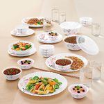 Larah By Borosil Aspen Silk Series Opalware Dinner Set with Glasses,35 Pieces for Family of 6, Microwave & Dishwasher Safe,Bone-Ash Free,Crockery Set for Dining & Gifting,Plates & Bowls,White,Floral