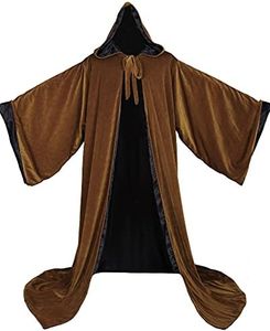 Velvet Halloween Wizard Robe with Satin Lined Hood and Sleeves (Dark Green-Gold)