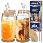 Scoozee Iced Coffee Cups with Lids -18 Oz 4 Pcs, Drinking Glasses with Bamboo Lids & Glass Straws, Aesthetic Coffee Bar Accessories, Housewarming Gifts, Home Essentials, White Elephant Gifts, Smoothie