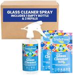 Truly Free Natural Glass Cleaner Spray- Removes Dirt & Debris for Sparkling Clean Windows & Glass Surfaces at Home, Office & Garage, Includes: 1 Refillable Empty Bottle (16oz) & 2 Refills (3oz ea)