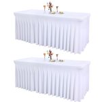 2 Packs White Table Clothes for 8 Foot Rectangle Tables, One-Piece Wrinkle Resistant Stretch Spandex Table Covers with Skirt for Event Banquet Wedding Birthday Party