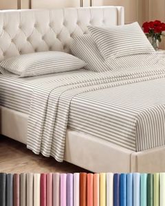 Flex Top Split Head King 4 Piece Sheet Set - Comfy Breathable & Cooling Bed Sheets Set - Hotel Luxury Bedding for Women, Men, Kids, Teens, Boys & Girls - Deep Pockets, Soft - Oeko-Tex - Beige Stripes