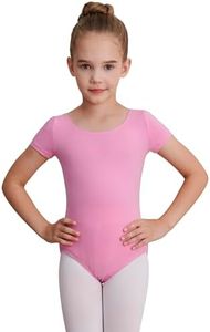 WEGETIT Gymnastics Leotards for Girls Ballet Dance Toddler Leotard Short Sleeve Bodysuit, Neon Pink, 2-4 Years