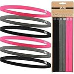 Elastic Thin Sports Headbands - Athletic Non Slip Skinny Headbands for Women Men Boys Girls Kids- 6-Pack Silicone Grip Hairband Mini Sweat Band, Great for Workouts (2 Black / 2 Gray / 2 Hot Pink)