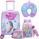 Inprof Cute Pink Mermaid Kid’s Luggage Set 5 Piece Suitcase Set 16’’ Hardside Luggage with Spinner Wheels Girls Boys Carry on Toddler Luggage Travel Rolling Luggage Carry on Luggage Airline Approved