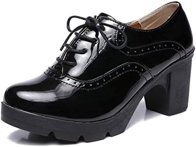 DADAWEN Women's Classic T-Strap Platform Mid-Heel Square Toe Oxfords Dress Shoes Black US Size 7