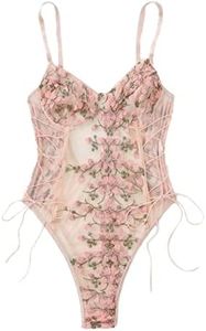 Lilosy Women Sexy Lace Up Floral Embroidered Teddy Lingerie Bodysuit Top Mesh Sheer One Piece, Pink, Small