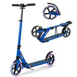 GYMAX Foldable Kick Scooter, Height Adjustable City Scooter with Light Up Wheels, Shock-Absorbing System, Non-Slip Deck & Rear Brake, Lightweight Scooters for Kids Adults and Teens (Blue)