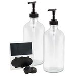 16-Oz Empty Clear Glass Boston Round Bottles w/ Black Lotion Pump Dispensers (2-Pack); Refillable Liquid Soap Pump Transparent Bottles + Chalk Labels & Lids, BPA-Free Plastic Tops