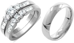 His Hers Couple Rings Set Womens Stainless Steel Small Round CZ Engagement Ring set Mens Wedding Band - Size W7M9