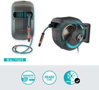 Gardena Wall-Mounted Hose Box RollUp XL, 35m Hose – Swivel Watering System, Turquoise