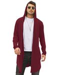 COOFANDY Men's Long Hooded Cardigan Shawl Collar Lightweight Open Front Drape Cape Overcoat with Pockets, Wine Red, Medium