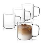 Rechano 17oz/500ml Glass Coffee Mugs Set of 4, Clear Large Wide Mouth Drinking Glasses with Big Handle for Hot/Iced Beverage, Latte, Cappuccino, Juice, Tea, Milk, Dishwasher Safe