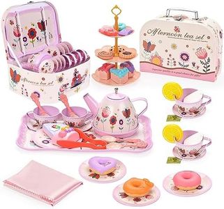 Tea Set for Little Girls, Birthday Gift for Age 3 4 5 6 Year Old, Toddler Toys Tea Party Set for Little Girls, Princess Kids Kitchen Pretend Toy with Tin Tea Set, Desserts & Carrying Case