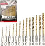 NORTOOLS Hex Shank Drill Bit Set 13 PCS High Speed Steel Titanium Coated Twist Drill Bits 1/4 Inch Quick Change Hex Driver Set for Wood Plastic Aluminum Alloy (1/16" - 1/4")