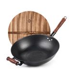 WANGYUANJI Cast Iron Wok Pan 12.59 inch Flat Bottom Wok with Wooden Handle and Lid, Large Wok Stir Fry Pan Suitable for All Cooktops, Chinese wok with Free Dishcloth and Brush