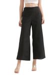 SAADAA Women's Relaxed Fit Mid Rise Airy Linen Wide Leg Pants, High Waist Trousers for Formal, Casual & Office Wear, Black - M