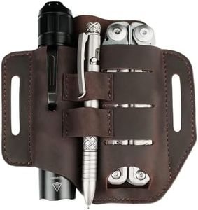 VIPERADE PJ13 EDC Leather Sheath, Knife Belt Sheath/Leather Flashlight Holster/for Leatherman Multitools Sheath, Handmade 3 Pockets Organizer Sheath for Knives/Flashlights (A-Brown)