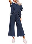 SHEWIN Women's Two 2 Piece Outfits Sweatsuit Lounge Sets for Women Short Sleeve Pullover Tops Casual Loose Pants Comfy Pajamas Tracksuit Set Fall Clothes for Women 2024 Striped Blue White S