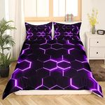 Feelyou Boys Honeycomb Comforter Cover for Kids Men Girls Modern Geometry Hexagon Theme Bedding Set Purple Neon Decor Duvet Cover Grid Art Bedspread Cover Bedroom Collection 3Pcs Queen Size