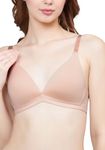 PLUMBURY Nylon Blend Women Padded Seamless Low Cut Deep V Plunge Neckline Triangle Bra, Beige, Size38B