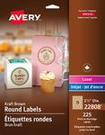 Avery Kraft Brown Round Labels, 2.5" Inch, for Laser/Inkjet Printers, 225 Labels, Round, Kraft Brown, Permanent, (22808) Made in Canada