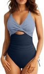 Aleumdr Women's Cutout One Piece Swimsuit Tummy Control Bathing Suit Twist Front High Cut Swimwear Color Block Blue Medium