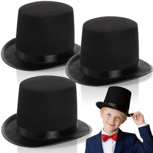 Pumtus 3 Pack Black Felt Top Hats for Kids, Funny Party Hat, Tall Victorian Tuxedo Costume Hats, Dress Up Hat, Coachman Hats for Cosplay, Stage Performance