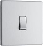 BG Electrical Single Wall Light Switch, 2 Way, Screwless Front Plate, Slim Profile, Premium Flatplate, Brushed Steel, 20A, 16AX, FBS12