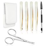 Eyebrow Tweezers Set Pack of 6 Gold Stainless Steel for Women Scissors Brush Precision Slant Pointed Tweezers Kit for Splinter Ingrown Facial Hair Removal with Leather Case Gift