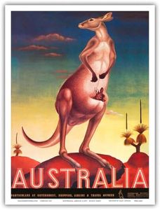 Australia - Australian Kangaroo with Baby Joey - Vintage Travel Poster by Eileen Mayo c.1957 - Master Art Print (Unframed) 9in x 12in