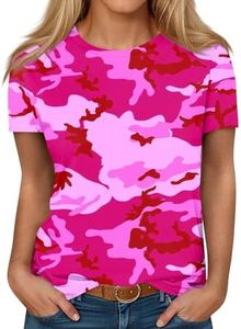 Generic Women's T-Shirts Crew Neck Shirt for Women Summer Oversized Loose Casual Retro Top Fashion Camouflage Print Crew Neck Short-Sleeved Shirt Tee Tops for Women 2024 Hot Pink 2XL