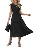 GRECERELLE Womens Summer Maxi Dress - Casual Midi Smocked Ruffle Sleeve Elastic Waist Crew Neck Tiered Cocktail Long Dresses for Ladies (Black, L)