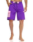 Nonwe Men's Swim Trunks Multi-Pocket Quick Dry Drawstring Board Shorts, Purple&pink, 30