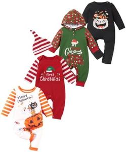 MOSSRIVER Baby Rompers Boy Baby Girl Outfits 4 Pack Long Sleeve Bodysuit Snap Crotch Closure Cute Graphic Romper Toddler Boys Fall Clothes(Halloween Pumpkin 01,12-18 Months)