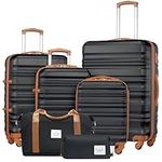 LONG VACATION Luggage Set 4 Piece Luggage Set ABS Hardshell TSA Lock Spinner Wheels Luggage Carry on Suitcase(Black-Brown, 6 Piece Set)