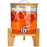 Belle Vous Glass Drink Dispenser with Stainless Steel Tap & Bamboo Stand - 5L/1.3 Gallons Cold Beverage Dispenser for Water, Juice, Lemonade & Parties