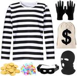 Men's Robber Costume Set Cosplay Thief Long Sleeve T-Shirt Adult Black White Striped Outfit Accessories Halloween Party