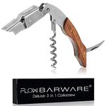 FLOW Barware 3-in-1 Waiter's Friend Corkscrew, Bottle Opener, & Foil Cutter | Cork Screwer Bottle Opener | Stainless Steel Cork Screw with Rosewood Handle | New Home Essentials, Gift for Wine Lovers