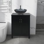 Puluomis 24 inch Bathroom Vanity with Sink Faucet Pop-up Drain Included,Wood Black Bathroom Fixture Vanity Cabinet with Counter Top Round Glass Vessel Sink