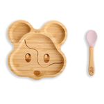 Moon and Moo Mouse Bamboo Suction Plate and Spoon Set for Kids, Toddlers and Baby Weaning - Non-Toxic – Plastic Free - Stay Put - Baby Suction Plate - Baby Weaning Set (Light Pink)