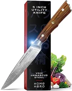 Home Hero Japanese Utility Knife Collection - VG10 Damascus Steel Triple Rivet Ultra Sharp 67 Layers Kitchen Knife with Ergonomic Rosewood Handle - Unique Gift for Men & Women (5 Inch Utility Knife)